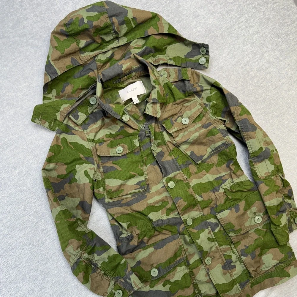 J Crew Jacket Women XS Green Camo Military Parka Utility Adjustable Ripstop Hood